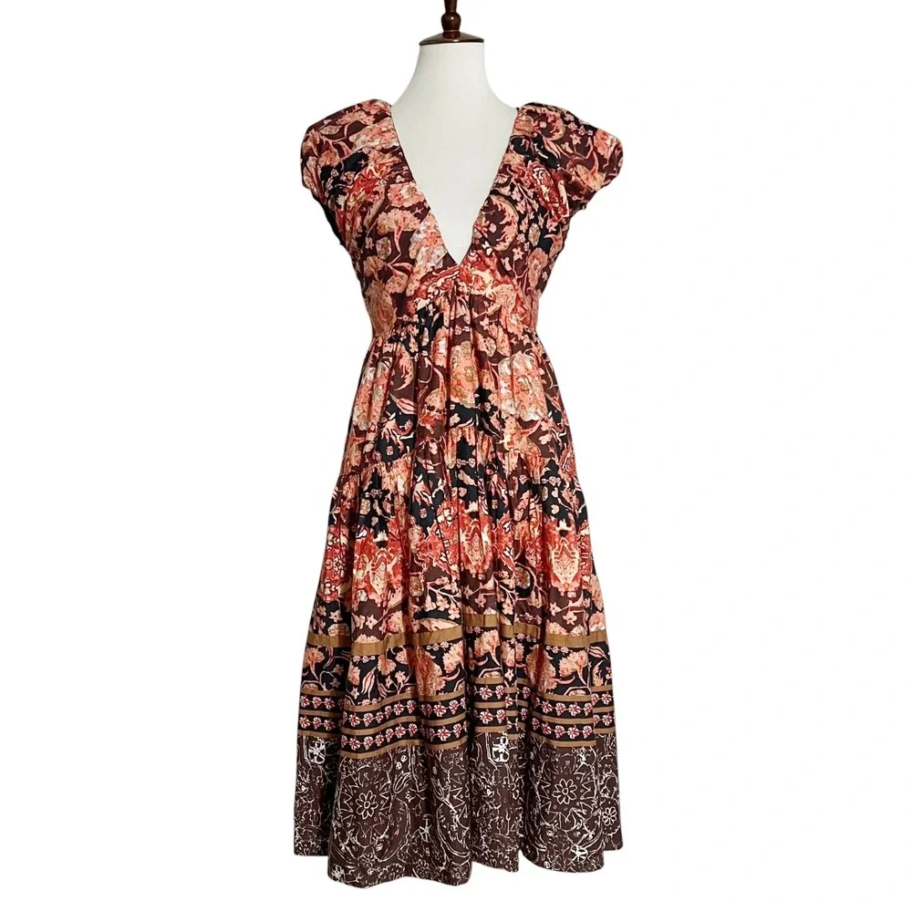 Anthropologie Printed V-Neck Babydoll Dress Size 4 Red Motif NEW‎